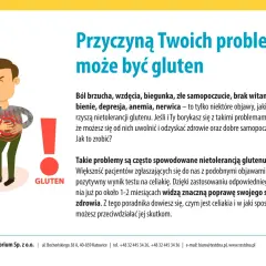 Ilustracja przedstawia mężczyznę z bólem brzucha, symbolizującym problemy związane z nietolerancją glutenu.