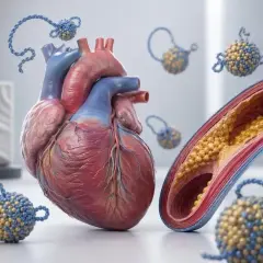 Serce i przekrój tętnicy z cholesterolem. Wokół unoszą się cząsteczki lipoproteiny Lp(a), które mogą przyczyniać się do chorób serca.