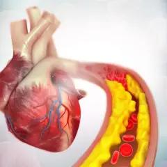 Serce z zatkanym naczyniem krwionośnym, gdzie cholesterol nie-HDL tworzy żółte złogi, utrudniając przepływ czerwonych krwinek.