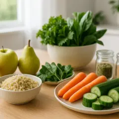 Jabłka, gruszka, kasza, marchewki, ogórki i zielone liście – składniki idealne na dietę antyhistaminową.