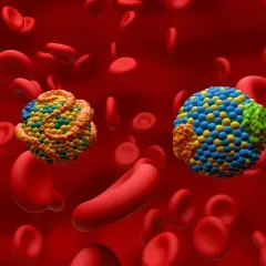 Dwie kolorowe lipoproteiny unoszą się wśród czerwonych krwinek. Dowiedz się, jak obniżyć poziom cholesterolu.