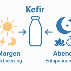 Kefir właściwości: rano aktywacja (słońce, żołądek), wieczorem relaks (księżyc, kwiat, sen).