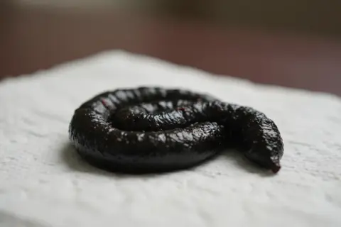 Ciemna kupa uformowana w spiralę, leżąca na białej serwetce. Wygląda jak ciemna, błyszcząca masa z drobnymi czerwonymi drobinkami.
