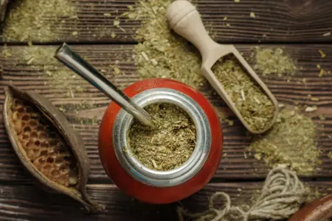 Czerwone naczynie z bombillą, drewniana łopatka z suszem i strąki – wszystko to sugeruje bogactwo yerba mate właściwości.