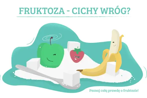 Fruktoza - cichy wróg? Ilustracja z jabłkiem, truskawką i bananem otoczonymi cukrem. Dowiedz się, co to fruktoza.