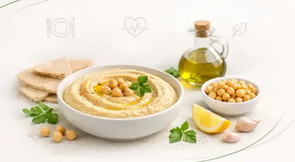 Pyszny hummus z ciecierzycy, oliwą i cytryną. Czy hummus jest zdrowy? Tak, to bogactwo białka i błonnika!