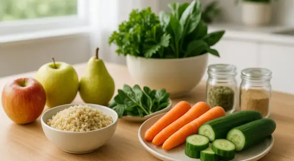 Jabłka, gruszka, kasza, marchewki, ogórki i zielone liście – składniki idealne na dietę antyhistaminową.