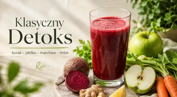Klasyczny detoks: sok z buraka, jabłka, marchwi i imbiru. Odkryj jego właściwości.
