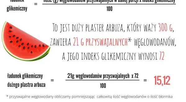 Duży plaster arbuza (300g) zawiera 21g węglowodanów przyswajalnych i ma indeks glikemiczny 72. Obliczono ładunek glikemiczny: 15,12. Sprawdź, ile cukru ma arbuz.