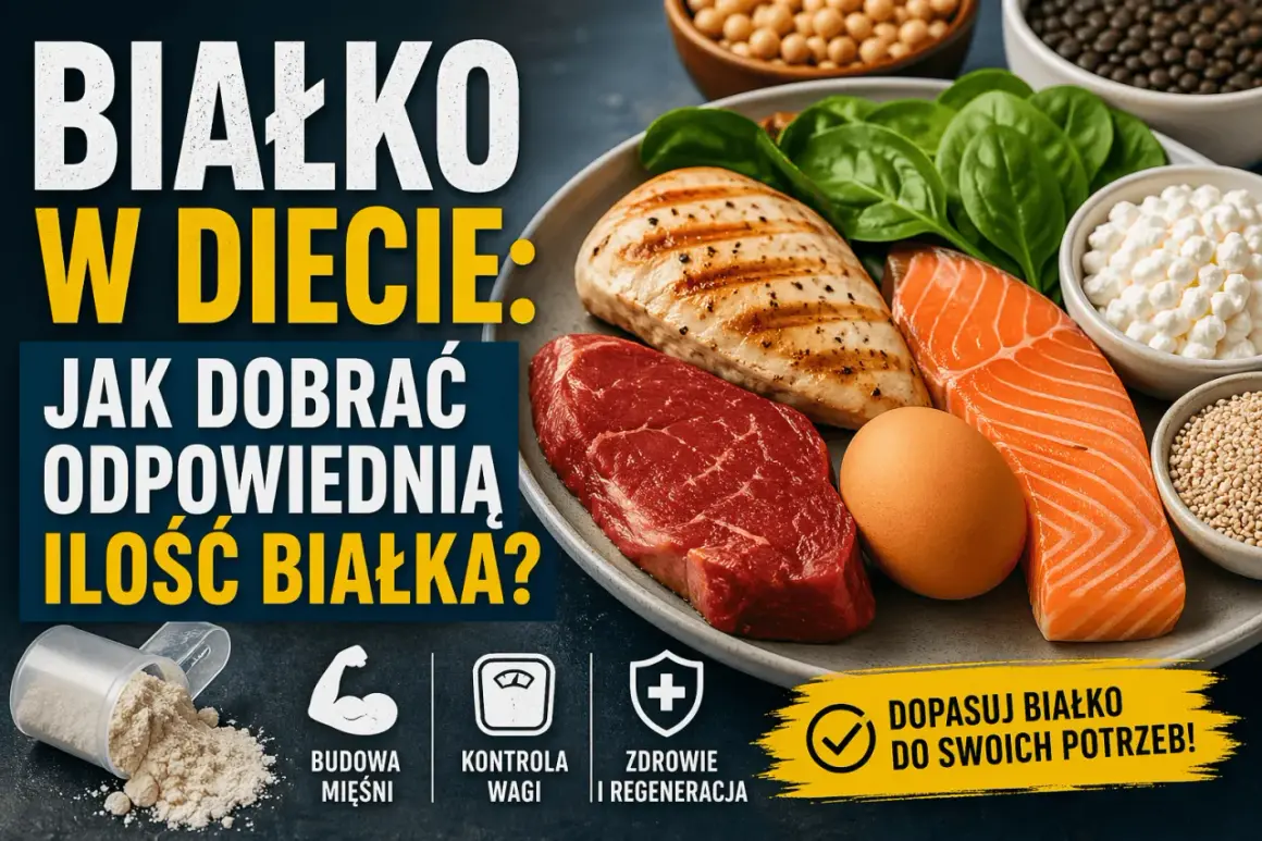 Na talerzu grillowany kurczak, łosoś, wołowina, jajko, szpinak, twaróg i ciecierzyca. Obok miarka odżywki białkowej. Tekst: "Białko w diecie: Jak dobrać odpowiednią ilość białka?".