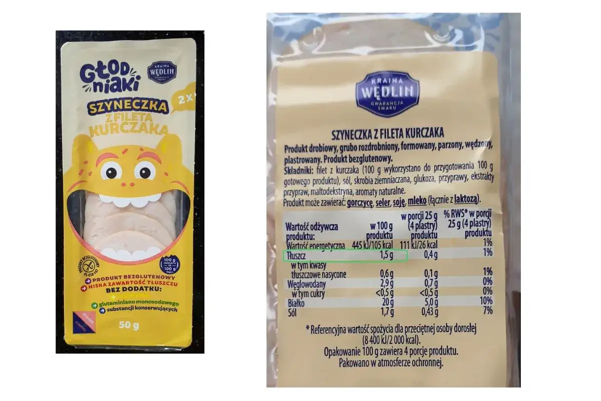 Szyneczka z fileta kurczaka, produkt bezglutenowy, idealny do diety bezglutenowej. Niska zawartość tłuszczu, bez dodatków.