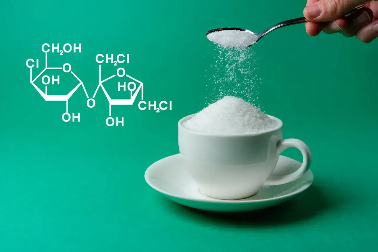 Wzór chemiczny sukralozy obok filiżanki białego proszku. Dowiedz się, sukraloza co to jest i jak działa.