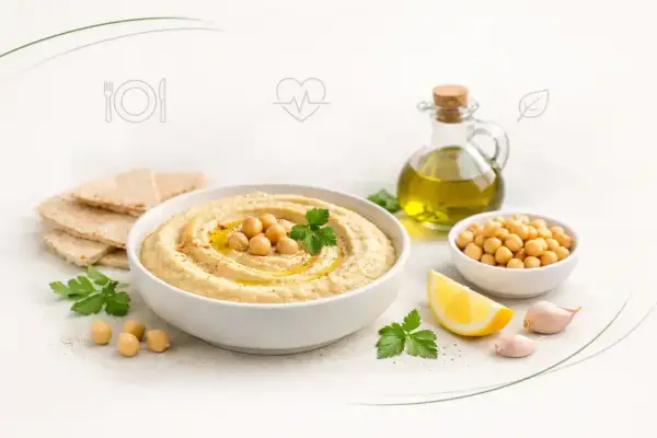 Pyszny hummus z ciecierzycy, oliwą i cytryną. Czy hummus jest zdrowy? Tak, to bogactwo białka i błonnika!