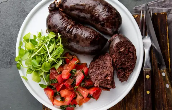 Kaszanka na talerzu z pomidorami i rukolą. Zastanawiasz się nad kaszanka kcal? To sycące danie.
