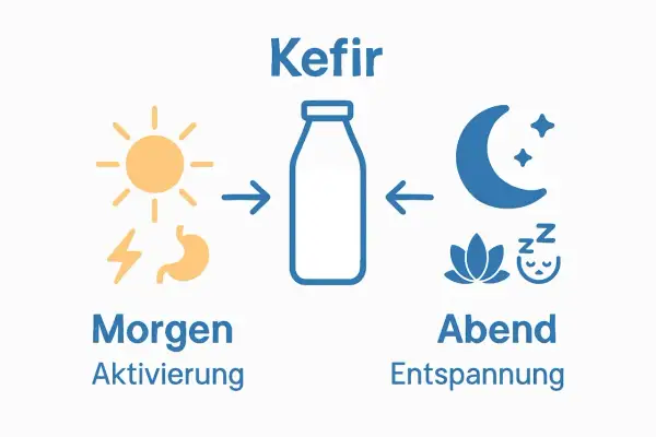 Kefir właściwości: rano aktywacja (słońce, żołądek), wieczorem relaks (księżyc, kwiat, sen).